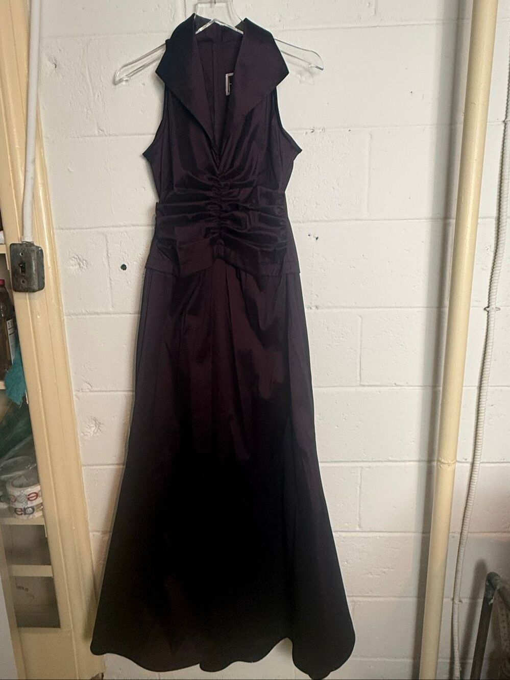 Vintage Tadashi Women’s Size 6 Brown Satin Ruched Tuxedo Collar Maxi Gown 90s Fo